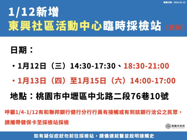 今（12）日起新增東興社區活動中心臨時採檢站擴大採檢