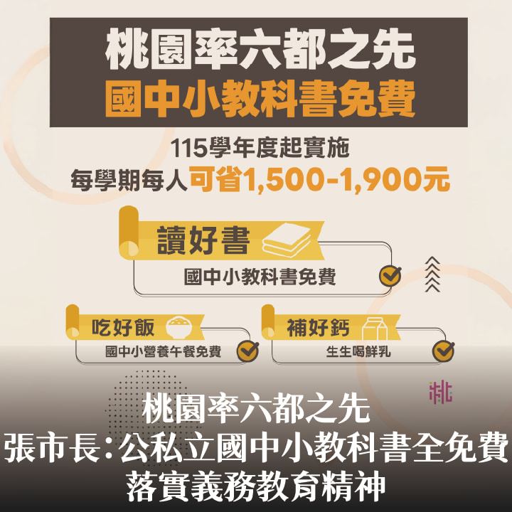 桃園率六都之先　張市長：公私立國中小教科書全免費 落實義務教育精神