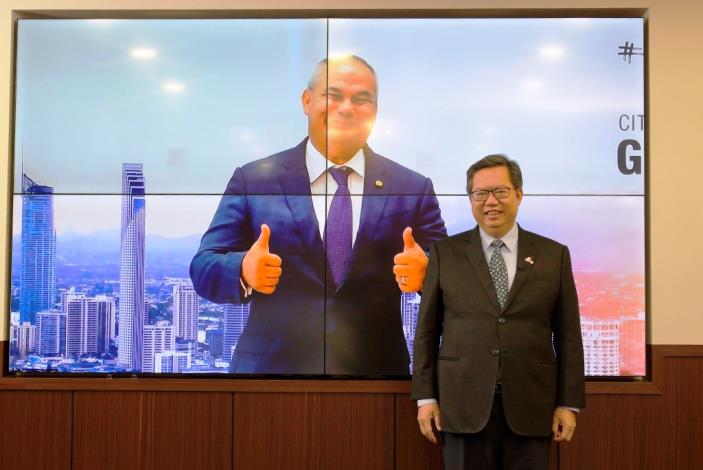 Taoyuan City Mayor Cheng Wen-tsan had a discussion with Mayor Thomas Richard Tate of Australia's Gold Coast City under the theme of “COVID-19 Epidemic Prevention—Talks Between Global City Leaders”