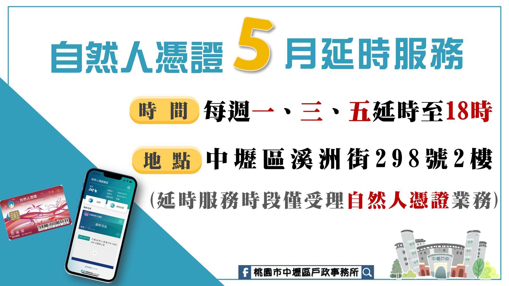 中壢戶政自然人憑證5月延時服務