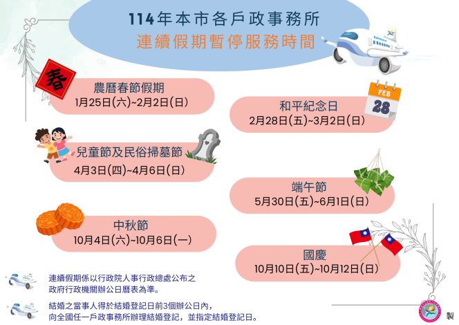 114年本市各戶政事務所連續假期暫停服務時間