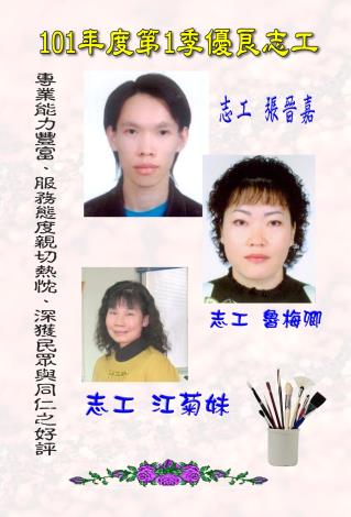 第一季志工績優人員─張晉嘉先生、魯梅卿小姐、江菊妹小姐