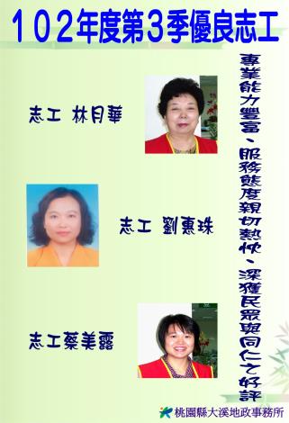 第三季志工績優人員─林月華小姐、劉惠珠小姐、蔡美露小姐