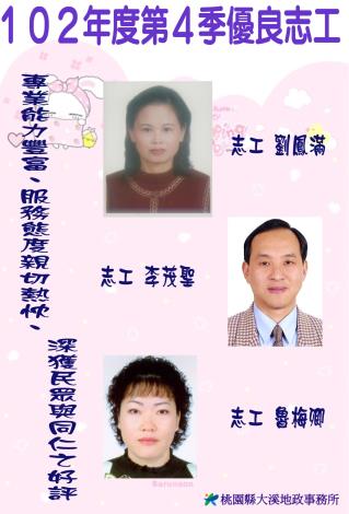 第四季志工績優人員─劉鳳滿小姐、李茂聖先生、魯梅卿小姐