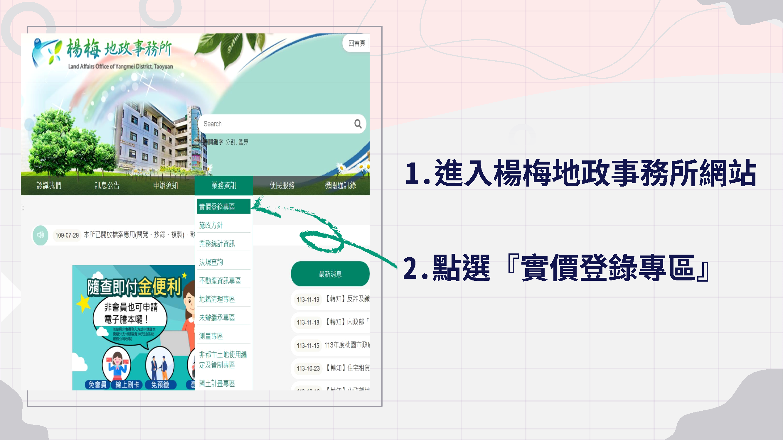 步驟1 進入楊梅地政事務所首頁 步驟2點選實價登錄專區