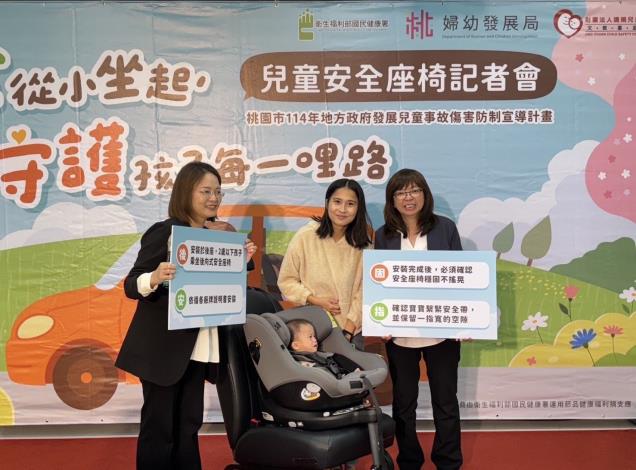 桃園市政府婦幼發展局局長杜慈容及靖娟兒童文教基金會示範「後、安、固、指」