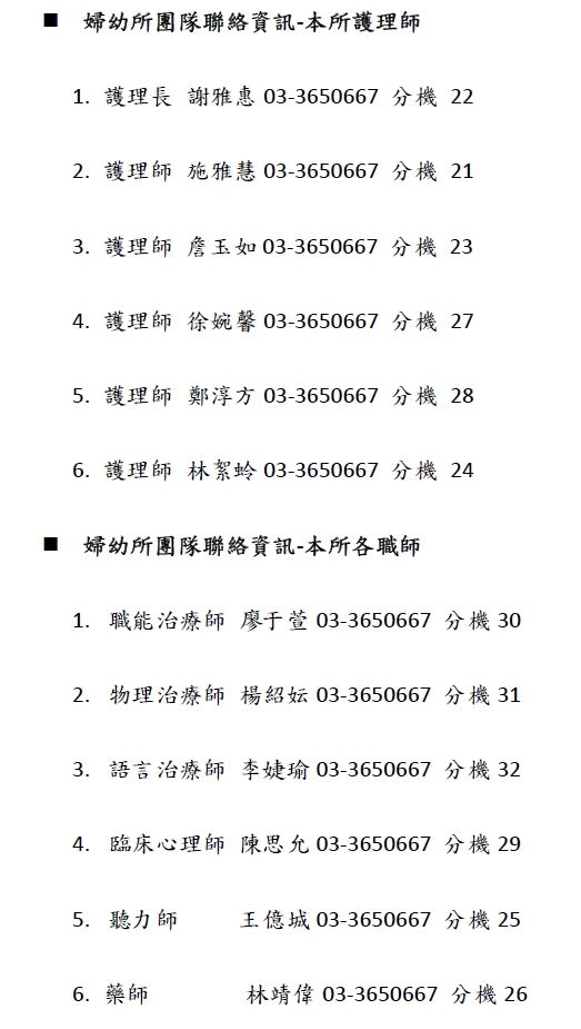 婦幼所團隊分機號碼