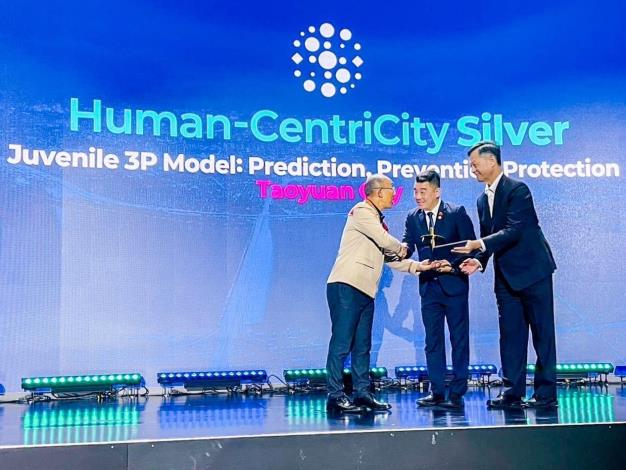 Taoyuan City received the Human-CentriCity Silver Prize for its “Juvenile 3P Model: Prediction, Prevention, Protection” project, with the Deputy Secretary-General accepting the award on behalf of the city.