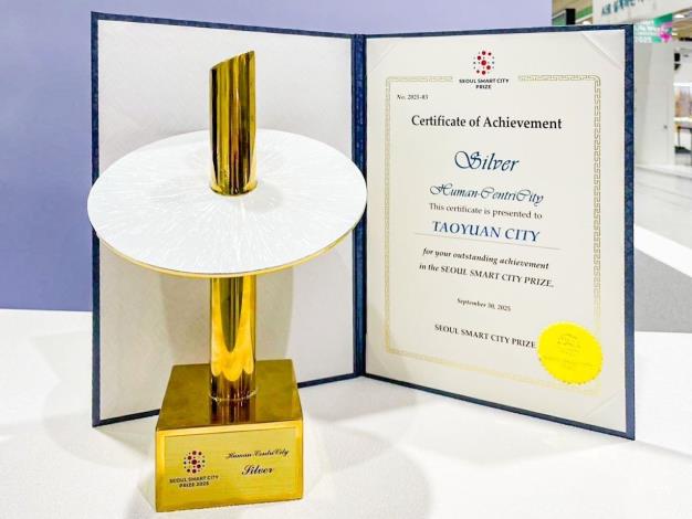 Trophy and certificate for Taoyuan City’s Human-CentriCity Silver Prize in the Seoul Smart City Prize.
