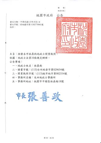 地政士公告清冊(林鼎鈞開業)