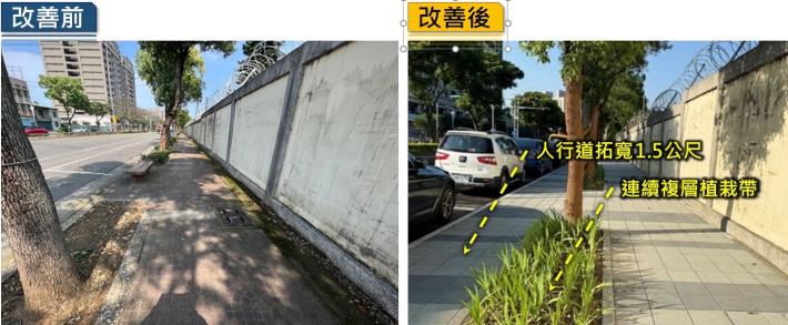 圖9.桃園市中壢區人本示範道路-龍慈路(龍岡路三段-中山東路三段)人本環境多目標改善工程--既有人行道拓寬、連續複層植栽帶