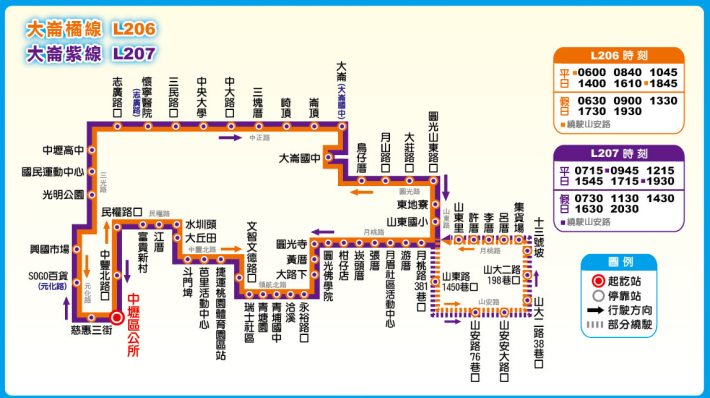 大崙橘線(L206)及大崙紫線(L207)班次路線圖