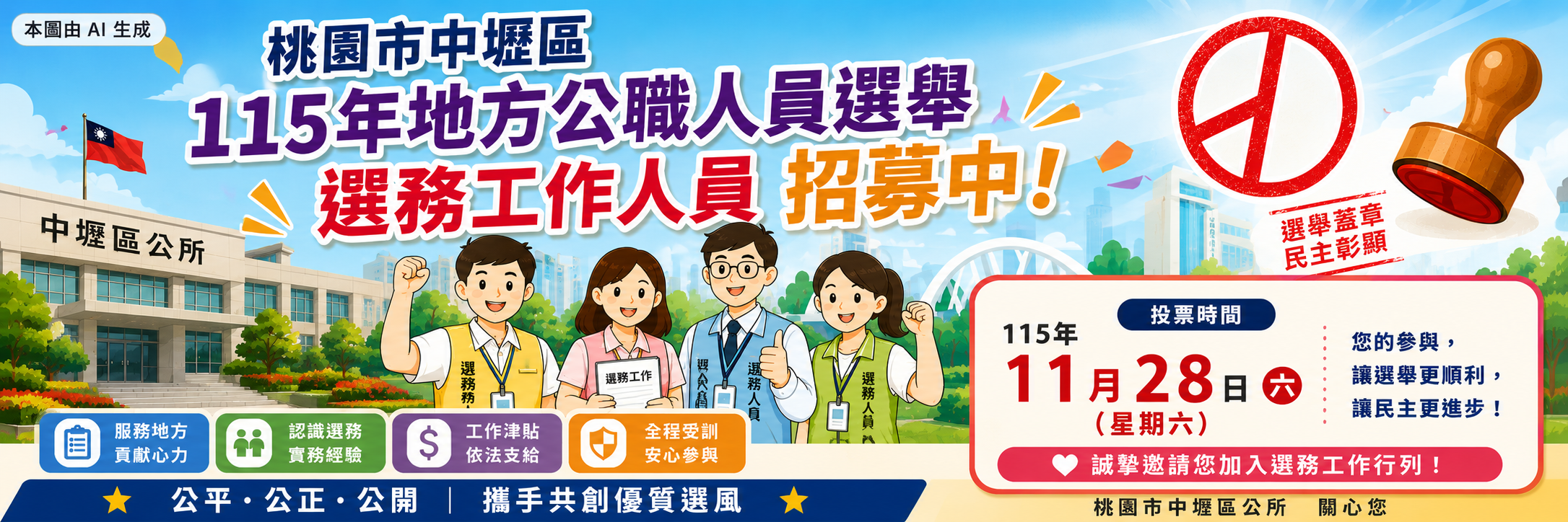 115年地方公職人員選舉投開票所工作人員招募中~邀請您踴躍參加