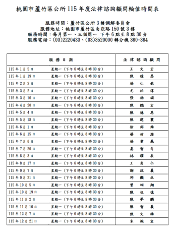 桃園市蘆竹區公所115年度法律諮詢顧問輪值時間表